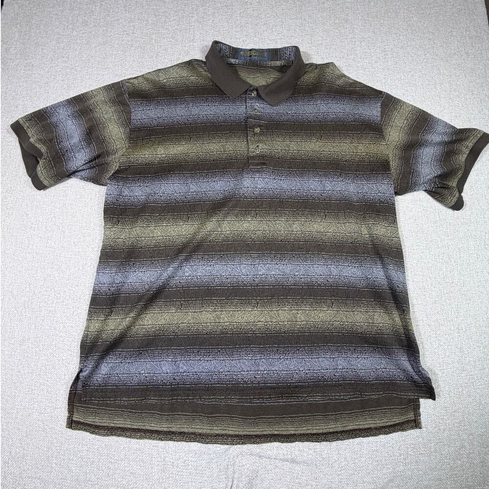 Descente Men 2XL Tan Brown Textured Striped Short Sleeve Button Front Golf Shirt
